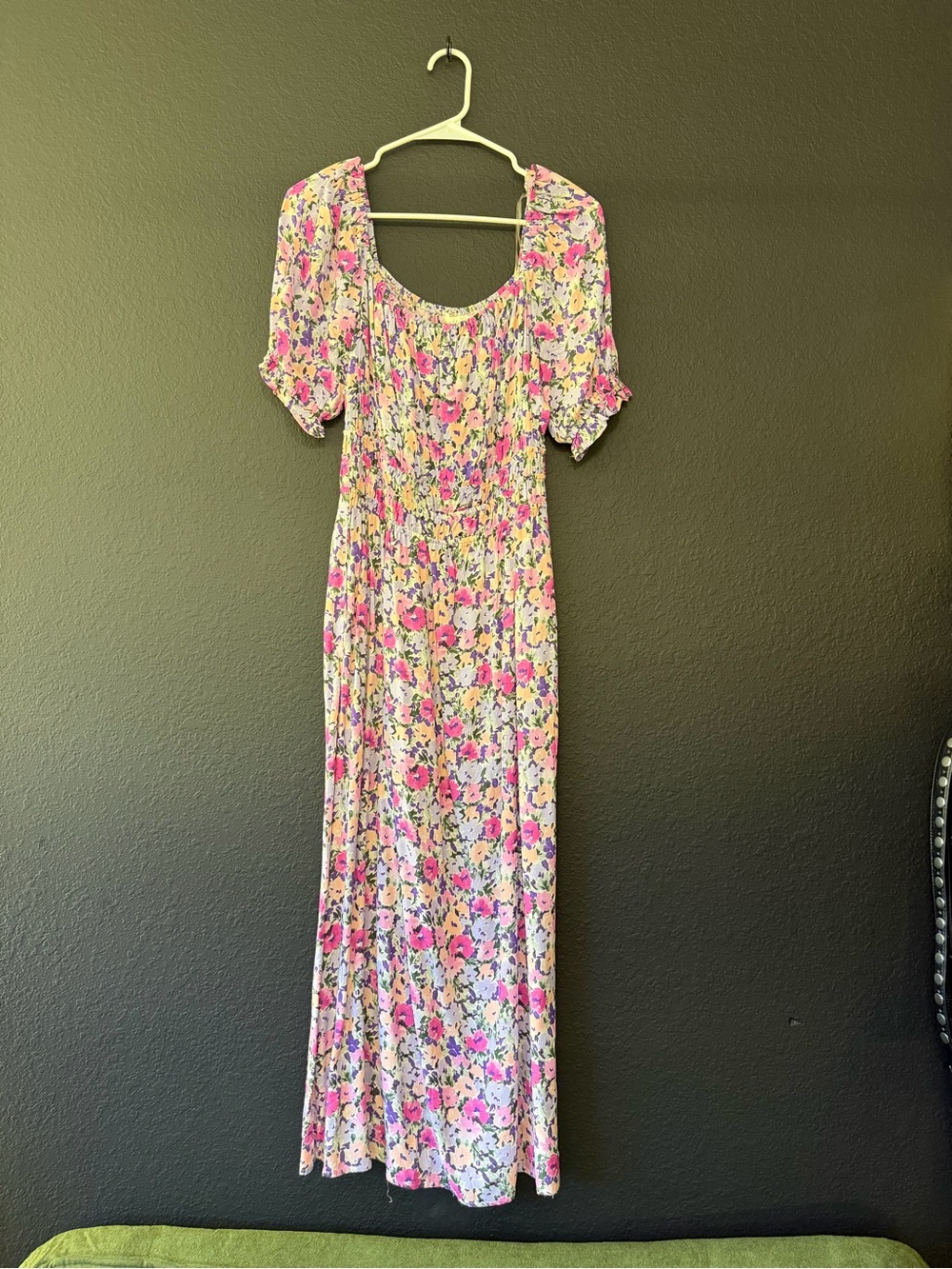 Altar'd State Pink Floral Maxi Dress with Puff Sleeves